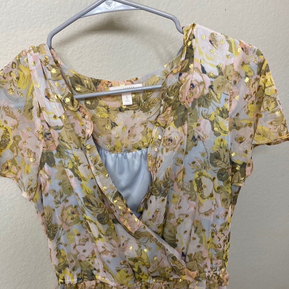 Light blue and pink floral dress with glittery gold spots